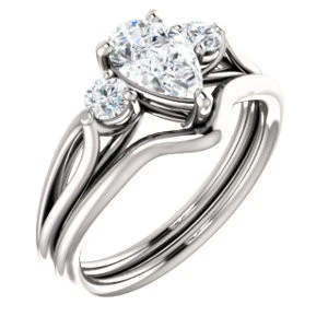 Cubic Zirconia Engagement Ring- The Mahlia (Customizable 3-stone Design with Pear Cut Center, Round Accents and Split Band) - Image 7