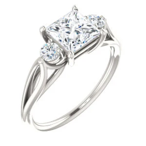 Cubic Zirconia Engagement Ring- The Mahlia (Customizable 3-stone Design with Princess Cut Center, Round Accents and Split Band) - Image 2