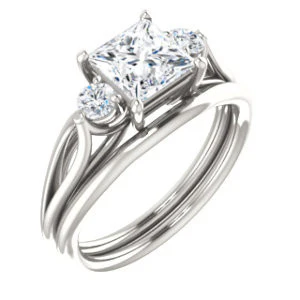 Cubic Zirconia Engagement Ring- The Mahlia (Customizable 3-stone Design with Princess Cut Center, Round Accents and Split Band) - Image 7