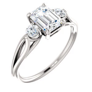 Cubic Zirconia Engagement Ring- The Mahlia (Customizable 3-stone Design with Radiant Cut Center, Round Accents and Split Band) - Image 2