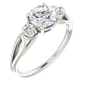 Cubic Zirconia Engagement Ring- The Mahlia (Customizable 3-stone Design with Round Cut Center, Round Accents and Split Band) - Image 2