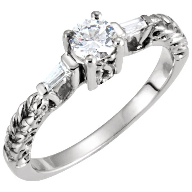 Cubic Zirconia Engagement Ring- The Mallory (0.25-1.0 Carat 3-stone Antique Round-Cut with Dual Tapered Baguettes) - Image 3