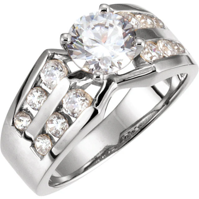 Cubic Zirconia Engagement Ring- The Marjorie (Customizable Center featuring Wide Band with Double-Row Round Channel Accents) - Image 3
