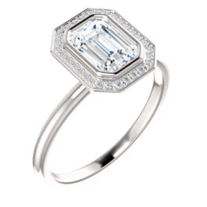 Cubic Zirconia Engagement Ring- The Maura (Customizable Bezel-set Emerald Cut Halo Design with Thin Band) - Image 2