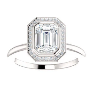 Cubic Zirconia Engagement Ring- The Maura (Customizable Bezel-set Emerald Cut Halo Design with Thin Band) - Image 4