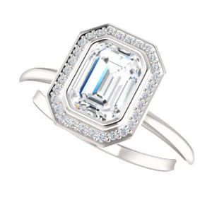 Cubic Zirconia Engagement Ring- The Maura (Customizable Bezel-set Emerald Cut Halo Design with Thin Band) - Image 6