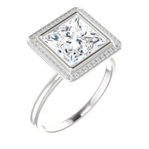 Cubic Zirconia Engagement Ring- The Maura (Customizable Bezel-set Princess Cut Halo Design with Thin Band) - Image 2