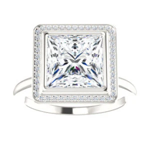 Cubic Zirconia Engagement Ring- The Maura (Customizable Bezel-set Princess Cut Halo Design with Thin Band) - Image 4