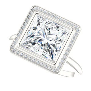 Cubic Zirconia Engagement Ring- The Maura (Customizable Bezel-set Princess Cut Halo Design with Thin Band) - Image 6
