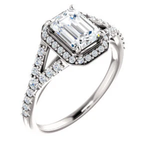 Cubic Zirconia Engagement Ring- The Mayte (Customizable Halo-Style Emerald Cut Design with Split-Pavé Band) - Image 2
