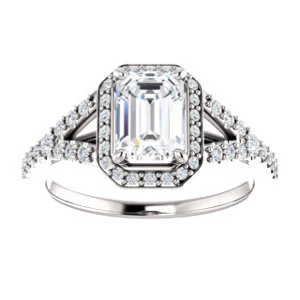 Cubic Zirconia Engagement Ring- The Mayte (Customizable Halo-Style Emerald Cut Design with Split-Pavé Band) - Image 4