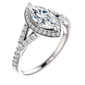 Cubic Zirconia Engagement Ring- The Mayte (Customizable Halo-Style Marquise Cut Design with Split-Pavé Band) - Image 2
