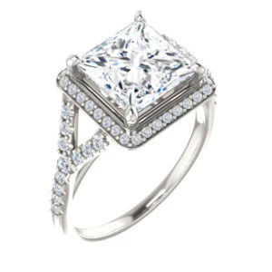 Cubic Zirconia Engagement Ring- The Mayte (Customizable Halo-Style Princess Cut Design with Split-Pavé Band) - Image 2