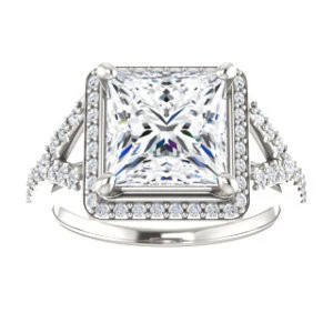 Cubic Zirconia Engagement Ring- The Mayte (Customizable Halo-Style Princess Cut Design with Split-Pavé Band) - Image 4