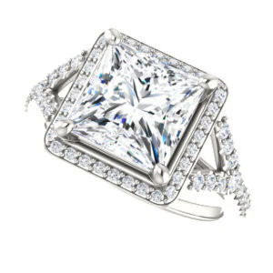 Cubic Zirconia Engagement Ring- The Mayte (Customizable Halo-Style Princess Cut Design with Split-Pavé Band) - Image 6