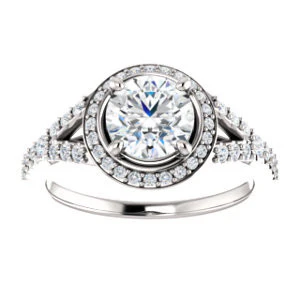 Cubic Zirconia Engagement Ring- The Mayte (Customizable Halo-Style Round Cut Design with Split-Pavé Band) - Image 4