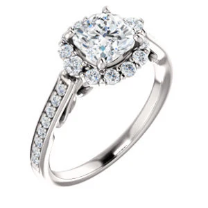 Cubic Zirconia Engagement Ring- The Oceane (Customizable Cushion Cut Design with Raised Decorative-Peekaboo Trellis, Halo and Thin Pavé Band) - Image 2