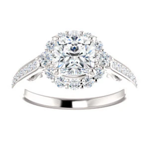 Cubic Zirconia Engagement Ring- The Oceane (Customizable Cushion Cut Design with Raised Decorative-Peekaboo Trellis, Halo and Thin Pavé Band) - Image 4