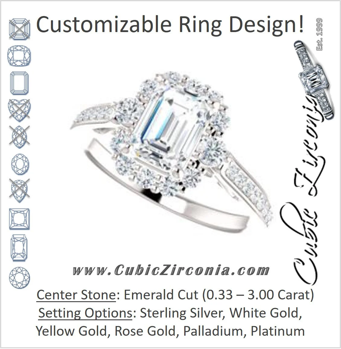 Cubic Zirconia Engagement Ring- The Oceane (Customizable Emerald Cut Design with Raised Decorative-Peekaboo Trellis, Halo and Thin Pavé Band)