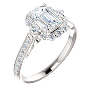Cubic Zirconia Engagement Ring- The Oceane (Customizable Emerald Cut Design with Raised Decorative-Peekaboo Trellis, Halo and Thin Pavé Band) - Image 2