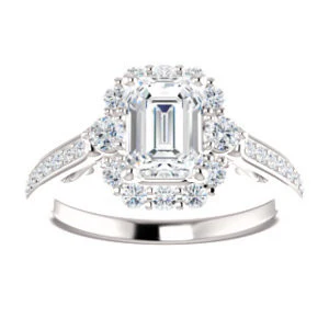Cubic Zirconia Engagement Ring- The Oceane (Customizable Emerald Cut Design with Raised Decorative-Peekaboo Trellis, Halo and Thin Pavé Band) - Image 4