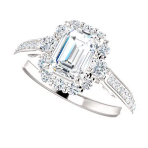 Cubic Zirconia Engagement Ring- The Oceane (Customizable Emerald Cut Design with Raised Decorative-Peekaboo Trellis, Halo and Thin Pavé Band) - Image 6