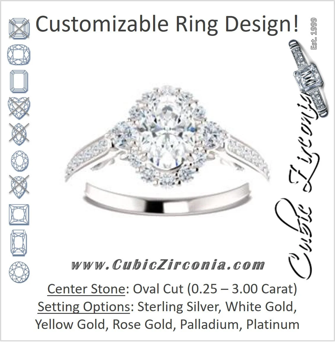 Cubic Zirconia Engagement Ring- The Oceane (Customizable Oval Cut Design with Raised Decorative-Peekaboo Trellis, Halo and Thin Pavé Band)