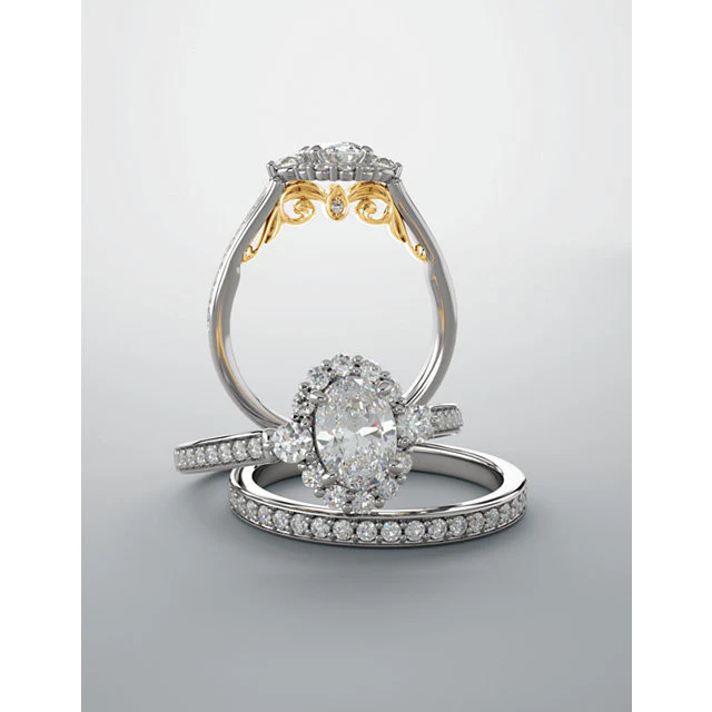 Cubic Zirconia Engagement Ring- The Oceane (Customizable Oval Cut Design with Raised Decorative-Peekaboo Trellis, Halo and Thin Pavé Band) - Image 4