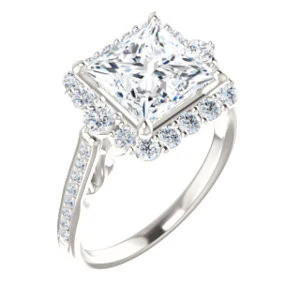 Cubic Zirconia Engagement Ring- The Oceane (Customizable Princess Cut Design with Raised Decorative-Peekaboo Trellis, Halo and Thin Pavé Band) - Image 2