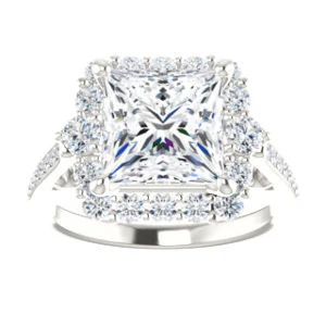 Cubic Zirconia Engagement Ring- The Oceane (Customizable Princess Cut Design with Raised Decorative-Peekaboo Trellis, Halo and Thin Pavé Band) - Image 4