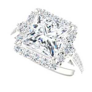 Cubic Zirconia Engagement Ring- The Oceane (Customizable Princess Cut Design with Raised Decorative-Peekaboo Trellis, Halo and Thin Pavé Band) - Image 6