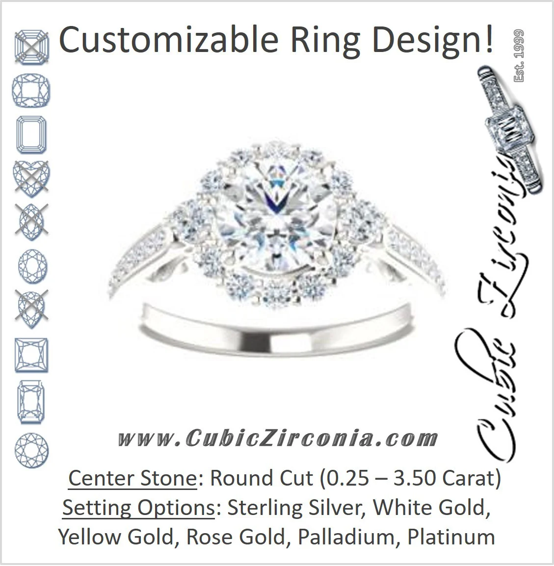 Cubic Zirconia Engagement Ring- The Oceane (Customizable Round Cut Design with Raised Decorative-Peekaboo Trellis, Halo and Thin Pavé Band)