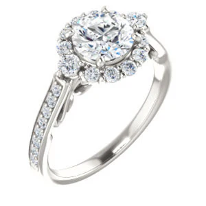 Cubic Zirconia Engagement Ring- The Oceane (Customizable Round Cut Design with Raised Decorative-Peekaboo Trellis, Halo and Thin Pavé Band) - Image 2