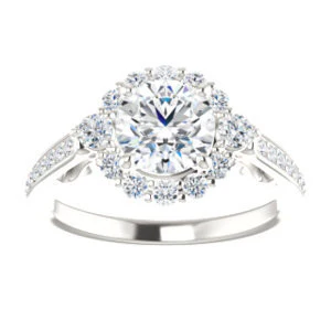 Cubic Zirconia Engagement Ring- The Oceane (Customizable Round Cut Design with Raised Decorative-Peekaboo Trellis, Halo and Thin Pavé Band) - Image 4
