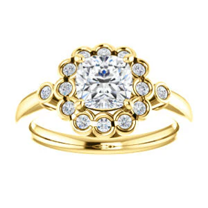 Cubic Zirconia Engagement Ring- The Raleigh (Customizable Cushion Cut Design with Clustered Halo and Round Bezel Accents) - Image 4