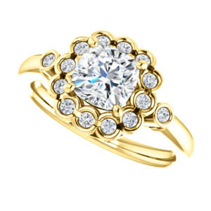 Cubic Zirconia Engagement Ring- The Raleigh (Customizable Cushion Cut Design with Clustered Halo and Round Bezel Accents) - Image 6