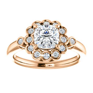 Cubic Zirconia Engagement Ring- The Raleigh (Customizable Cushion Cut Design with Clustered Halo and Round Bezel Accents) - Image 9