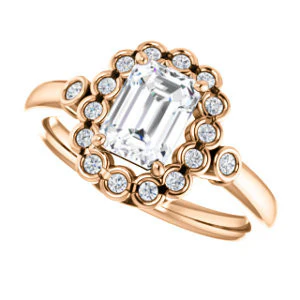 Cubic Zirconia Engagement Ring- The Raleigh (Customizable Emerald Cut Design with Clustered Halo and Round Bezel Accents) - Image 11