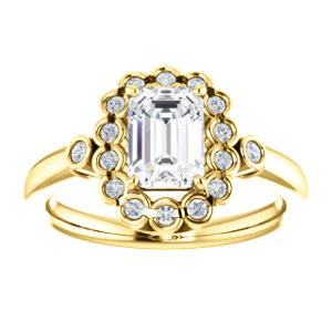 Cubic Zirconia Engagement Ring- The Raleigh (Customizable Emerald Cut Design with Clustered Halo and Round Bezel Accents) - Image 4
