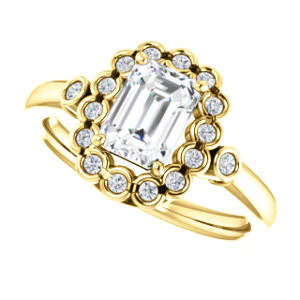 Cubic Zirconia Engagement Ring- The Raleigh (Customizable Emerald Cut Design with Clustered Halo and Round Bezel Accents) - Image 6