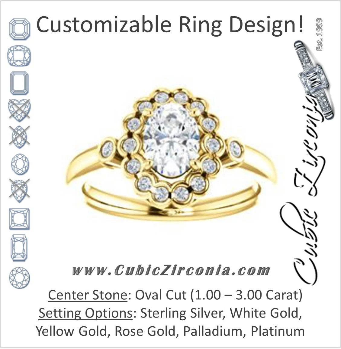 Cubic Zirconia Engagement Ring- The Raleigh (Customizable Oval Cut Design with Clustered Halo and Round Bezel Accents)