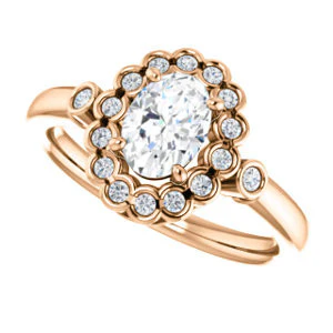 Cubic Zirconia Engagement Ring- The Raleigh (Customizable Oval Cut Design with Clustered Halo and Round Bezel Accents) - Image 11