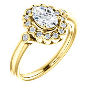 Cubic Zirconia Engagement Ring- The Raleigh (Customizable Oval Cut Design with Clustered Halo and Round Bezel Accents) - Image 2