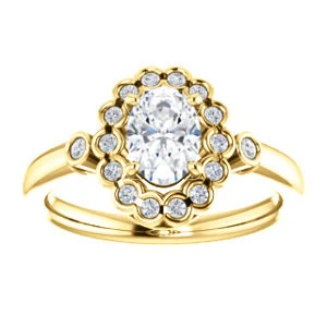 Cubic Zirconia Engagement Ring- The Raleigh (Customizable Oval Cut Design with Clustered Halo and Round Bezel Accents) - Image 4