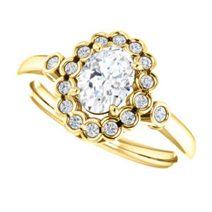Cubic Zirconia Engagement Ring- The Raleigh (Customizable Oval Cut Design with Clustered Halo and Round Bezel Accents) - Image 6