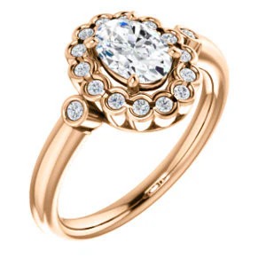 Cubic Zirconia Engagement Ring- The Raleigh (Customizable Oval Cut Design with Clustered Halo and Round Bezel Accents) - Image 7