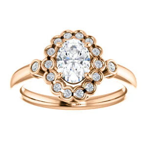 Cubic Zirconia Engagement Ring- The Raleigh (Customizable Oval Cut Design with Clustered Halo and Round Bezel Accents) - Image 9