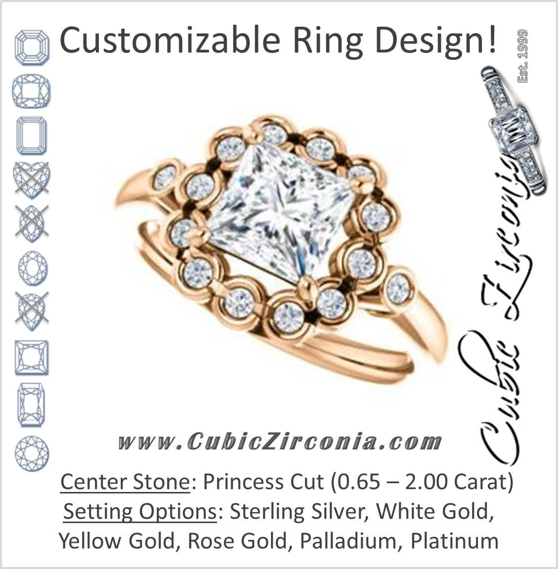 Cubic Zirconia Engagement Ring- The Raleigh (Customizable Princess Cut Design with Clustered Halo and Round Bezel Accents)