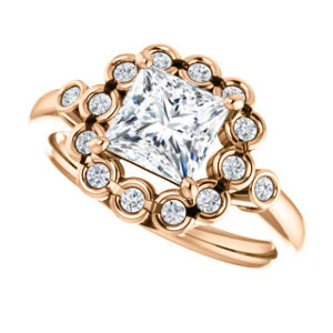 Cubic Zirconia Engagement Ring- The Raleigh (Customizable Princess Cut Design with Clustered Halo and Round Bezel Accents) - Image 11
