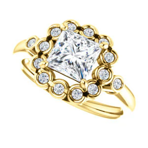 Cubic Zirconia Engagement Ring- The Raleigh (Customizable Princess Cut Design with Clustered Halo and Round Bezel Accents) - Image 6